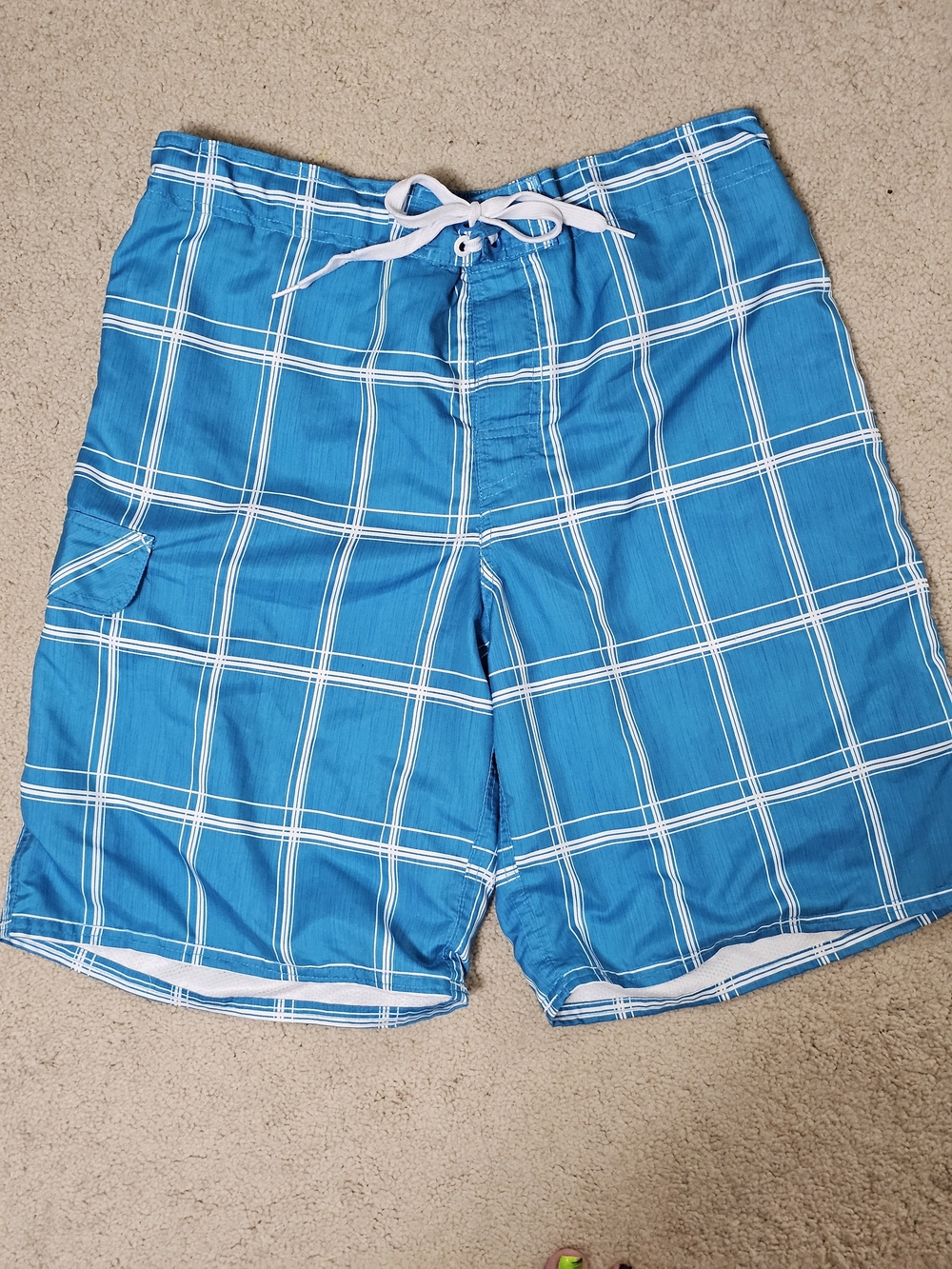OP Teal Blue Plaid Swim Trunks with White Drawstring Large